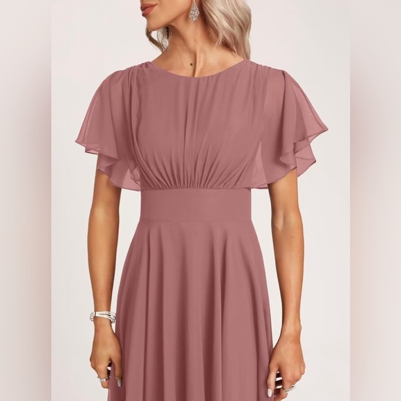 Dusty sage Chiffon Bridesmaid Dresse Short Crew Neck Flutter Sleeve sz 12 NWT - Picture 4 of 7